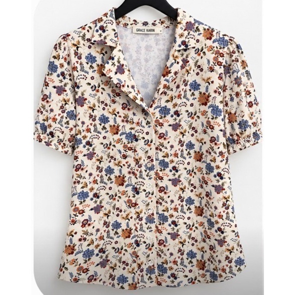 Grace Karin Womens Medium Floral Short Sleeve Button Down Blouse Notched Collar